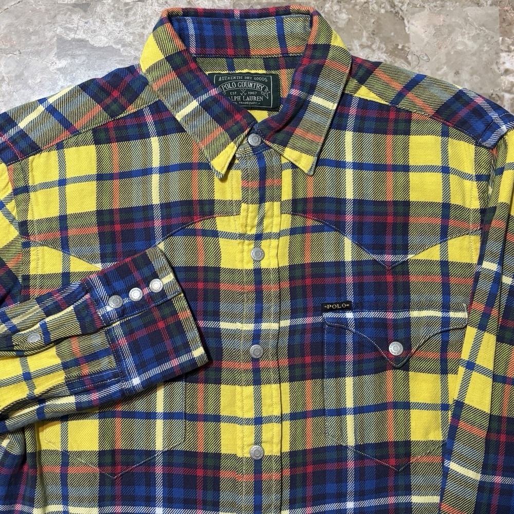 Polo Country Ralph Lauren Shirt Mens Small Yellow Pearl Snap Plaid Flannel